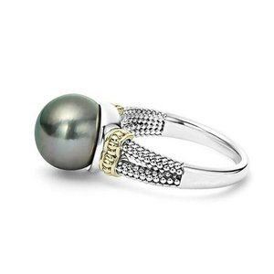 New Two-Tone Yellow Gold 925 Silver Black Pearl Ring